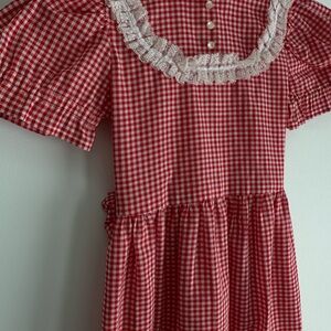 Red Gingham Dress with Lace Trim